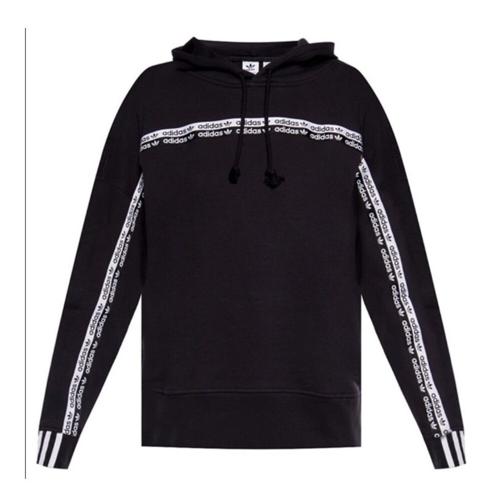 Rare ADIDAS Hoodie Sweatshirt Black w/LOGO Tape HipHop90's Sz Sm VHTF
